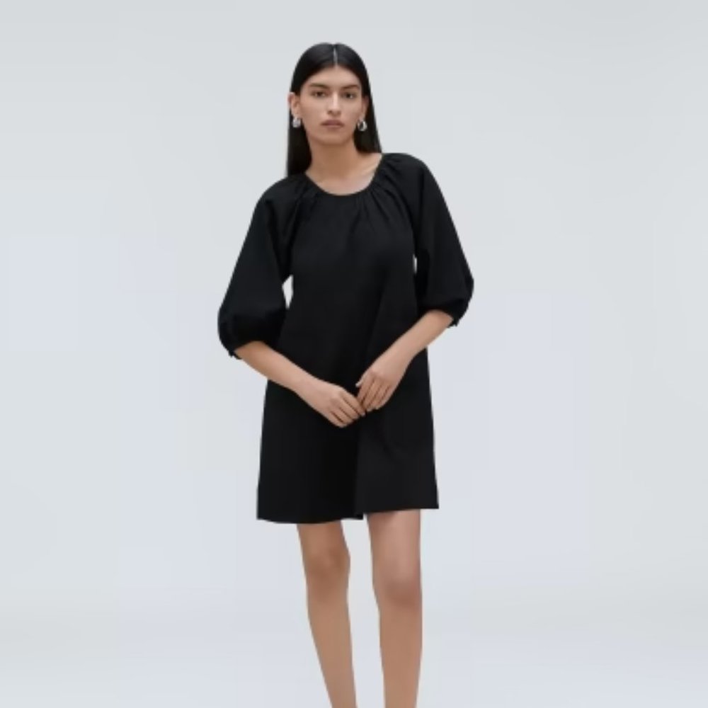 Everlane The Seersucker Puff Sleeve Black Dress Women New Small Minimalist
